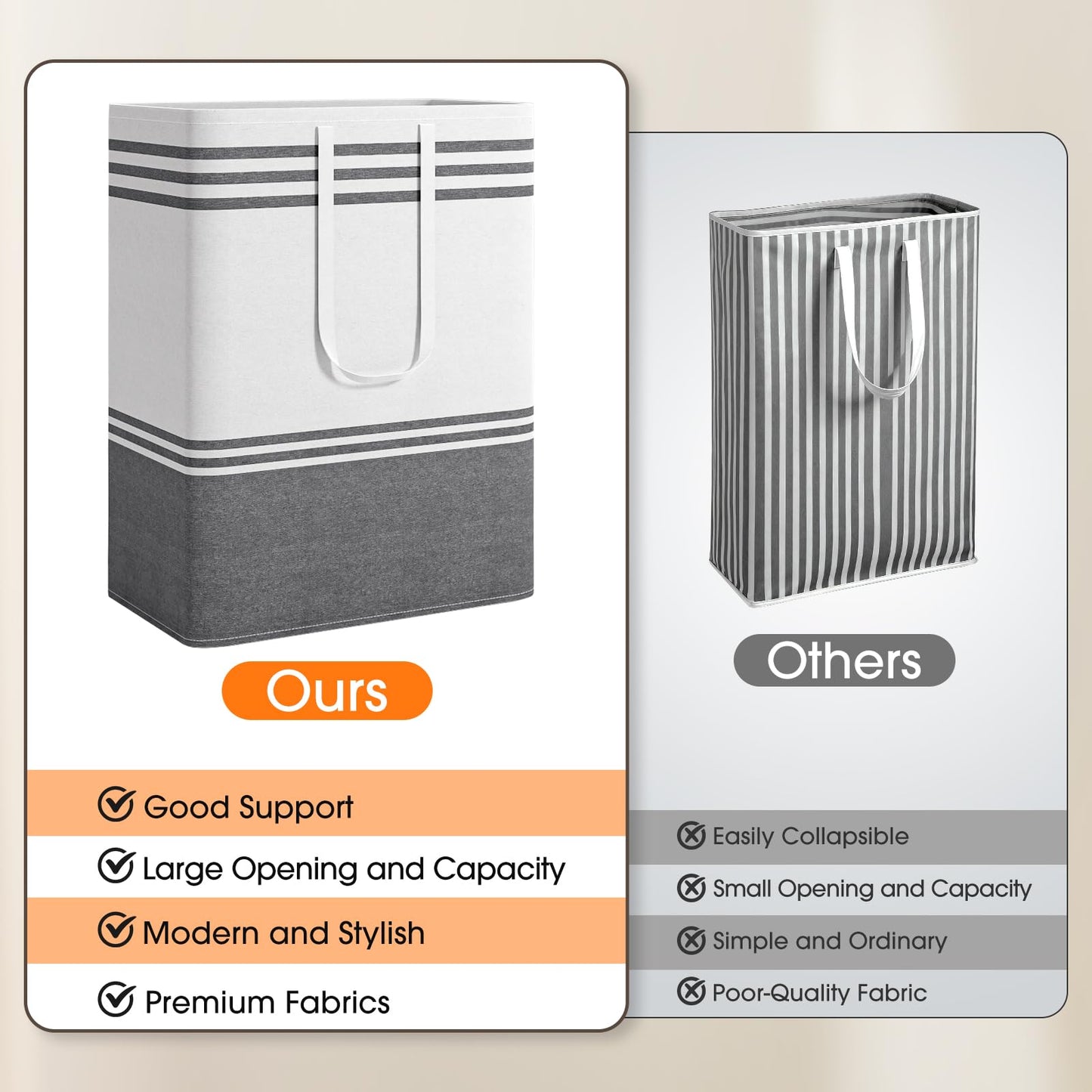 EpicTotes 2 Pack Large Home Laundry Basket, Laundry Hamper, Freestanding Waterproof Dirty Clothes Bag, Tall Clothes Hamper - Extended & Reinforced Handles for College Dorm, Family (Light Grey/125L)
