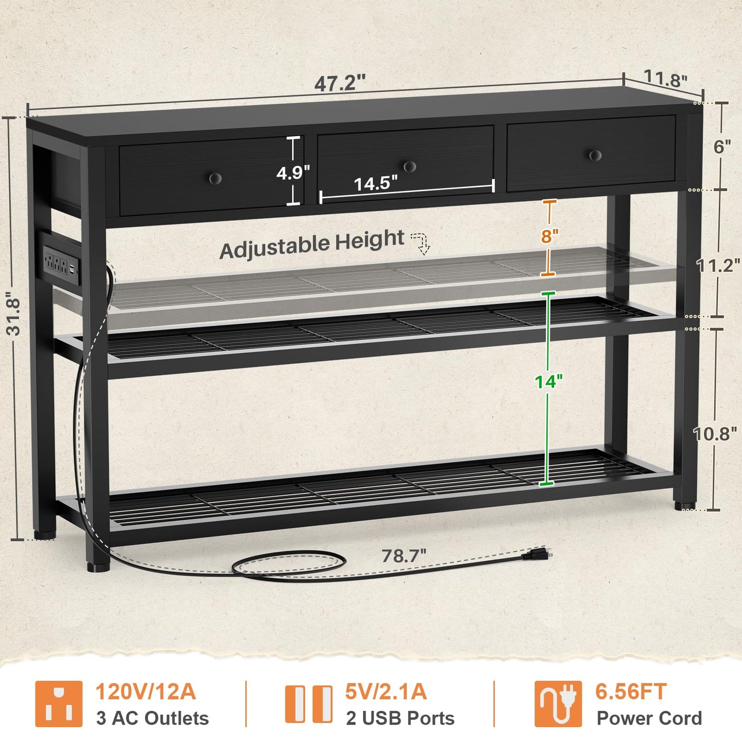 Ecopriso 47'' Entryway Table with Outlets and USB Ports, Console Table with 3 Drawers, Sofa Table Narrow Long with Storage Shelves for Living Room, Couch, Hallway, Foyer, Kitchen Counter, Black