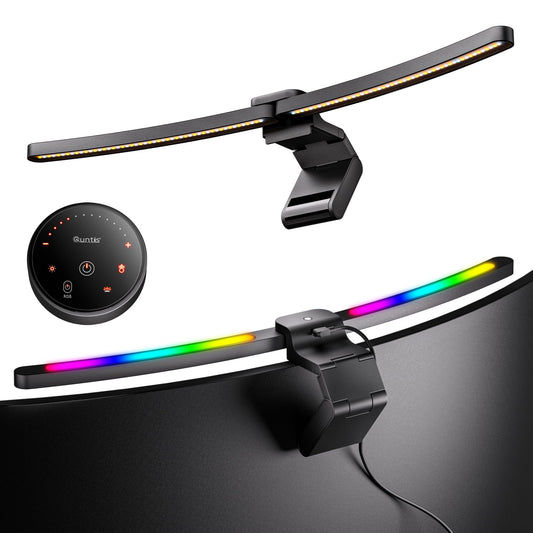 Quntis Curved Monitor Light Bar 15 RGB Backlight for 34"+ Screens, Computer Bar Lights Foldable Dual Light with Color Temperature Brightness Stepless Dimming, No Glare Desk Lamp for Home Office Gaming