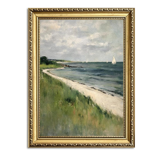 Gold Framed Coastal Wall Art Vintage Sailboat Beach Landscape Painting Nautical Ocean Wall Decor 3D Sandstone Textured Picture for Living Room Bedroom Farmhouse 16x24 Inch