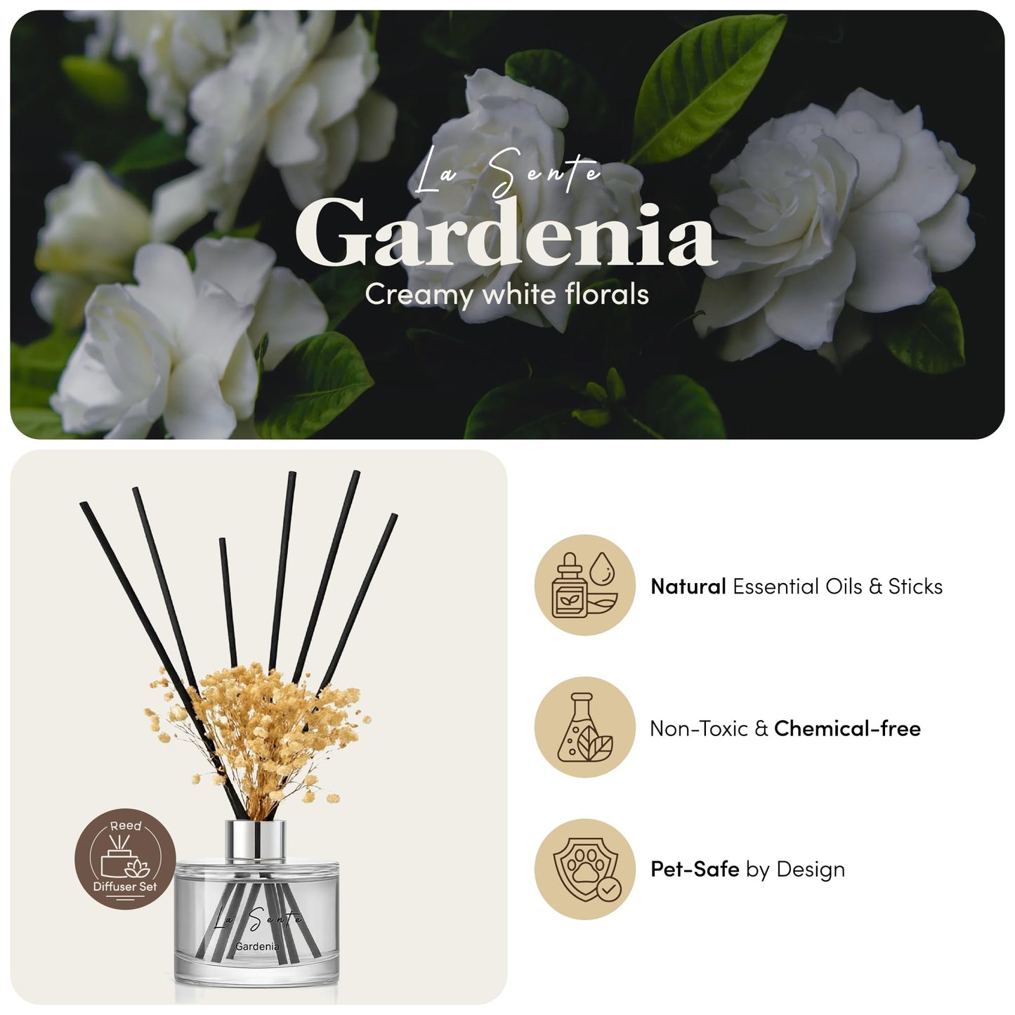 La Sente Reed Diffuser Set, Natural Gardenia, 6.7 fl oz / 200 ml
