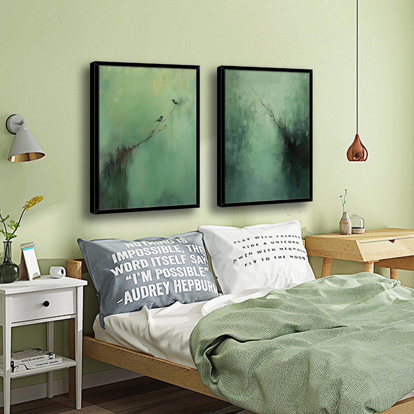 Abstract Dark Green Canvas Wall Art Modern Texture Painting with Wood Frame Wabi Sabi Zen Poster Minimalist Birds Picture Print Living Room Bedroom Office Ready To Hang 12x16 Inch