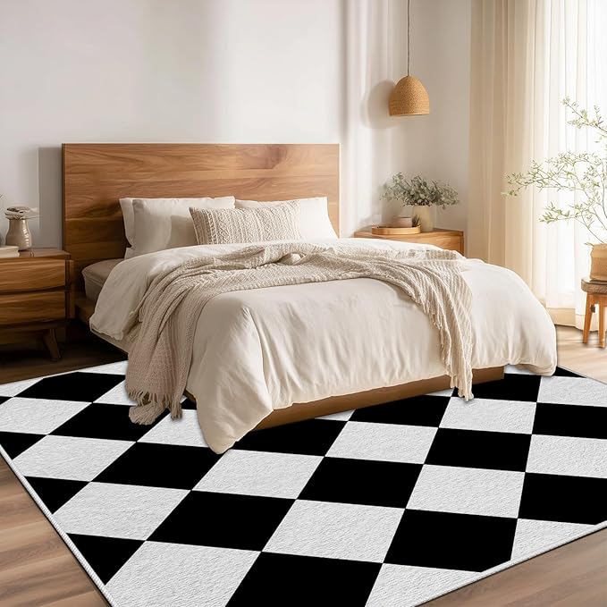 Checkered Rug, Black White Rug, Washable Rugs 5x7, Geometric Rhombus Plaid Area Rugs, Grid Gingham Carpet for Living Room Non Slip Home Decor