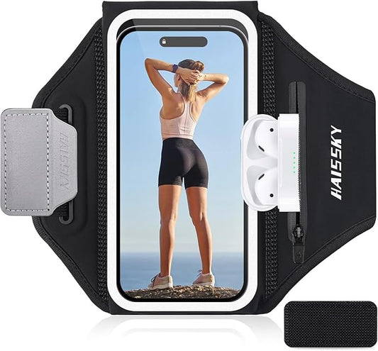 Running Phone Armband with Earphone Holder - 3D Design Cell Phones Armband for iPhone 17/16/15/13 Pro/Plus & S24/S20, Water Resistant Sports Holder with Key Slot - Ideal for 6.9" Phones
