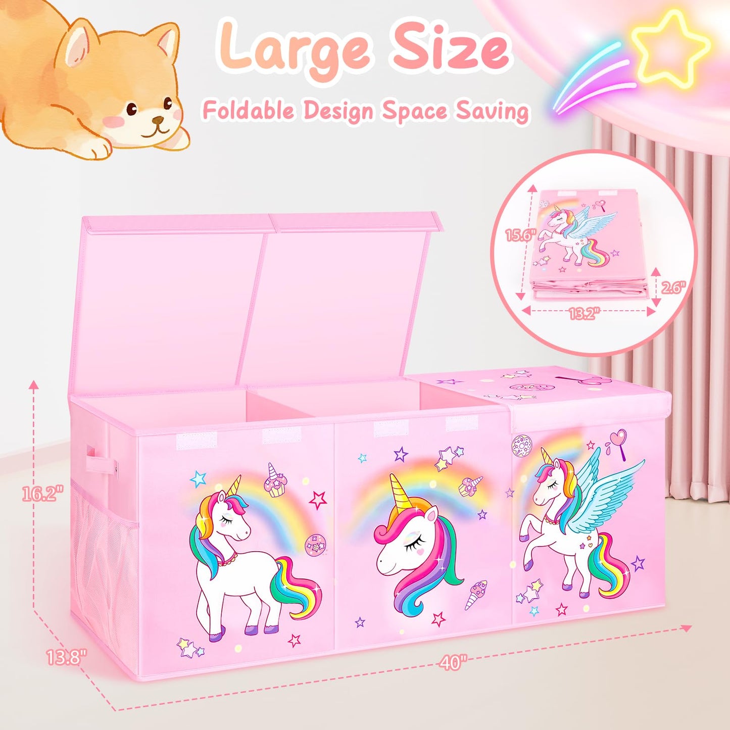 Mabahoo Extra Large Toy Box Chest, Collapsible Toy Storage Organizer with Lids, 40"X14"X16" Sturdy Large Kids Toy Storage Bins Boxes Baskets for Girls, Boys, Nursery, Playroom, Pink