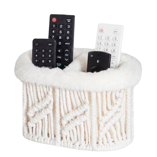 OPULANE Remote Control Holder, Plush Lined TV Remoter Holder Caddy, Nightstand Desk Dresser Bedside Table Storage Organizer for TV Remotes, Media Controllers, Glasses, Office Supplies (Beige, 2 Slots)