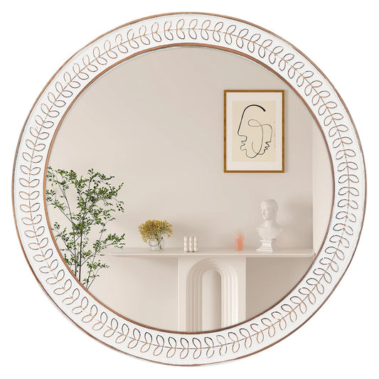 26 inch Round Mirrors for Wall Wood Circle Mirror with Carved Frame Rustic Accent Distressed Decorative for Living Room Bedroom Vanity Entryway Hallway Bathroom - White