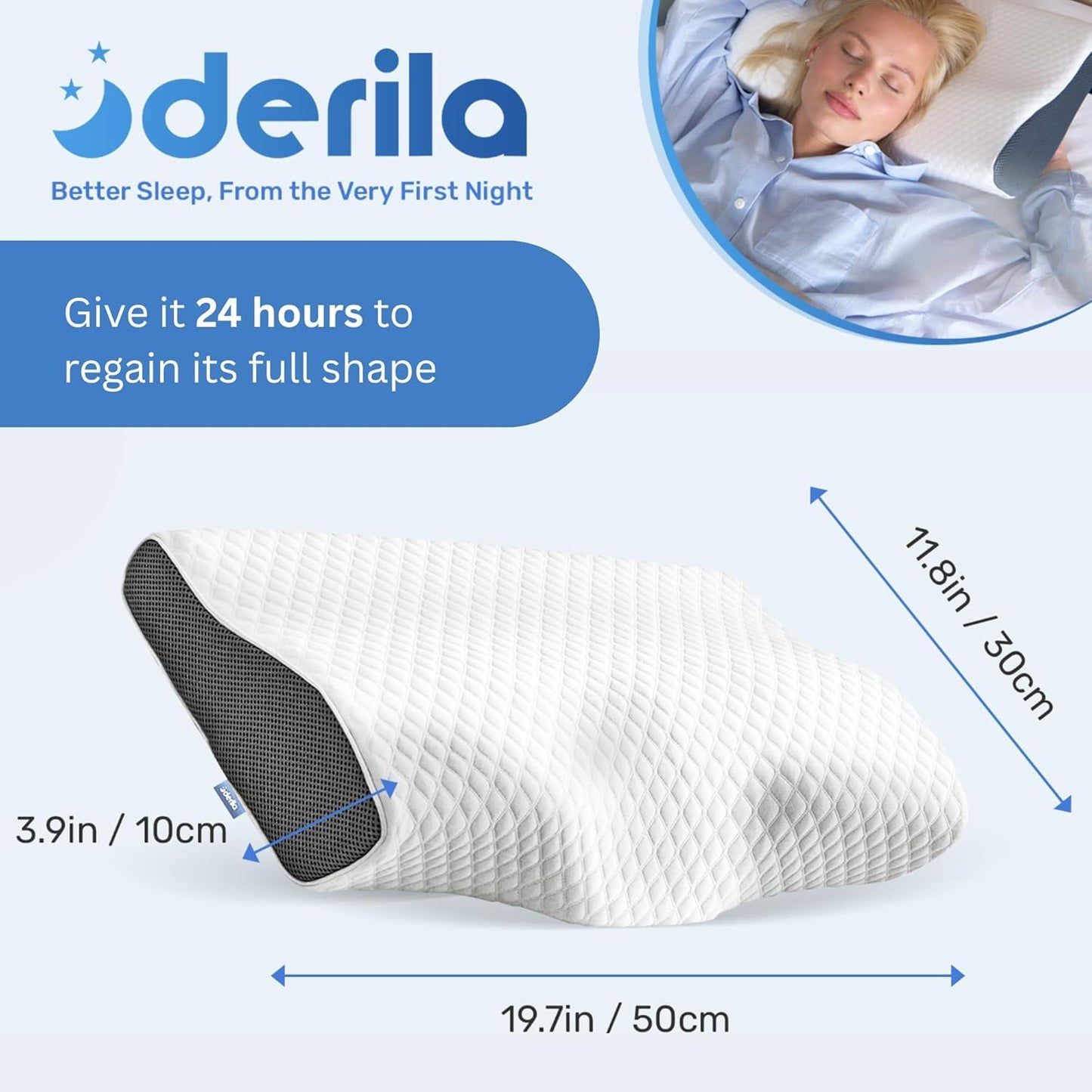Derila Cervical Neck Pillow for Sleeping - Support Pillow for Back, Stomach, Side Sleeper Contour Memory Foam Pillows for Shoulder Relief, for Women 19.7" x 11.8" x 3.9"
