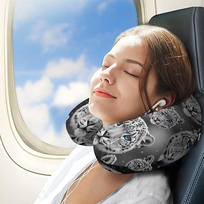 Unisex Travel Neck Pillow Memory Foam U Shaped Cushion Snow Leopard, Washable Cover for Men Women Airplane Car Home Rest