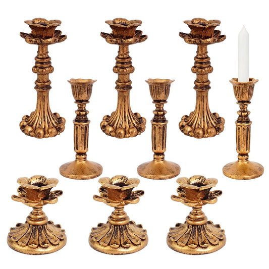 PEDOBALI 9 Pcs Vintage Candlestick Holders Bronze Floral Decorative Candlesticks Retro Antique Taper Resin Candle Holder for Table Centerpieces Anniversary Wedding Home Fireplace