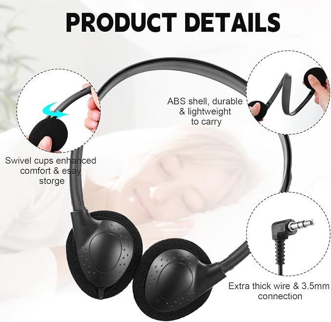 Konohan 10 Pack Headphones Bulk Headphone for School Classroom Student Wired Headphones Adjustable with 3.5 mm Jack for Adults (Black)