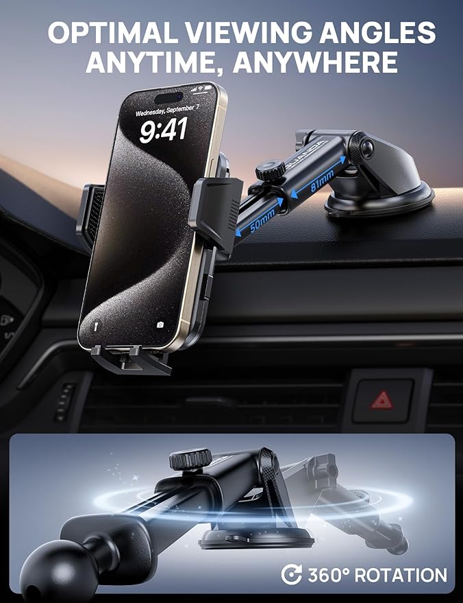 [2025 New] Dashboard Phone Holders for Your Car (+Air Vent Clip) [Military Grade Stable] , Car Cell Phone Holder, Rotatable Suction Cup Car Phone Mount for All Phone (Cube Black)
