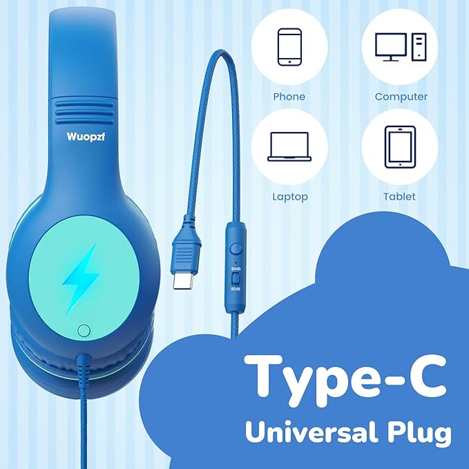 Kids USB C Headphones for School, 2025 Upgrade Safe Listening Wired Over-Ear Headphones with LED Lights, Volume Limiter & Microphone, Foldable Design for iPhone 16, iPad, Tablet