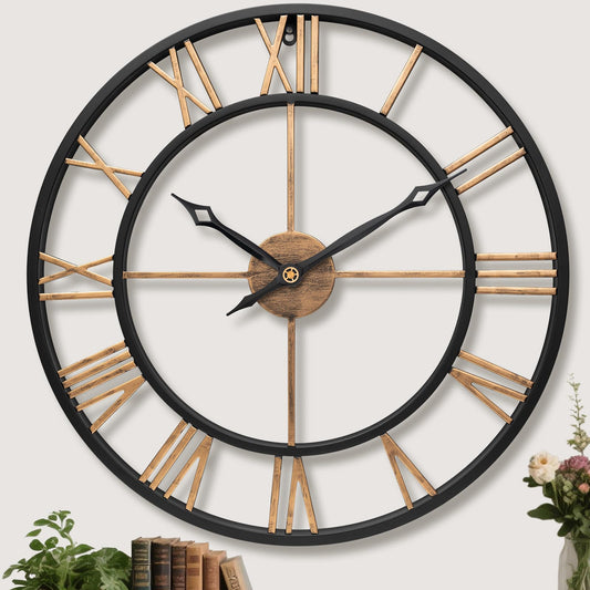BBALOVEDRE 24 Inch Large Wall Clocks for Living Room Decor,Big Roman Numerals Vintage Gold Modern Decorative Metal Oversized Wall Clocks for Bedroom, Kitchen, Office,Housewarming Gift