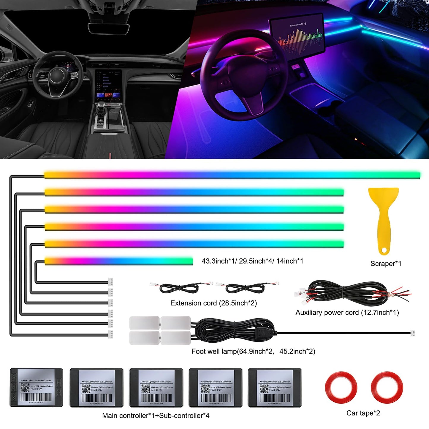 Dreamcolor Acrylic Interior Car LED Strip Light with Wireless APP, RGB 10 in 1 with 175 inches 593 Neon Car Ambient Lighting Kits, Dynamic Chasing Music Sync LEDs Fiber Optic Strip Lights for Car