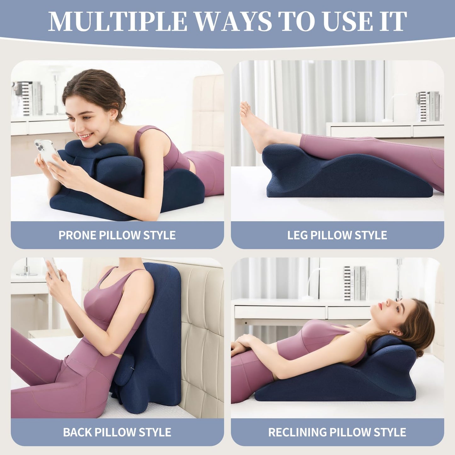 Memory Foam Ergonomic Prone Pillow, Bed Rest Pillow for Sleeping & Reading, Back Pain & Acid Reflux Support Pillow, Ideal for Massage, Removable Washable Cover