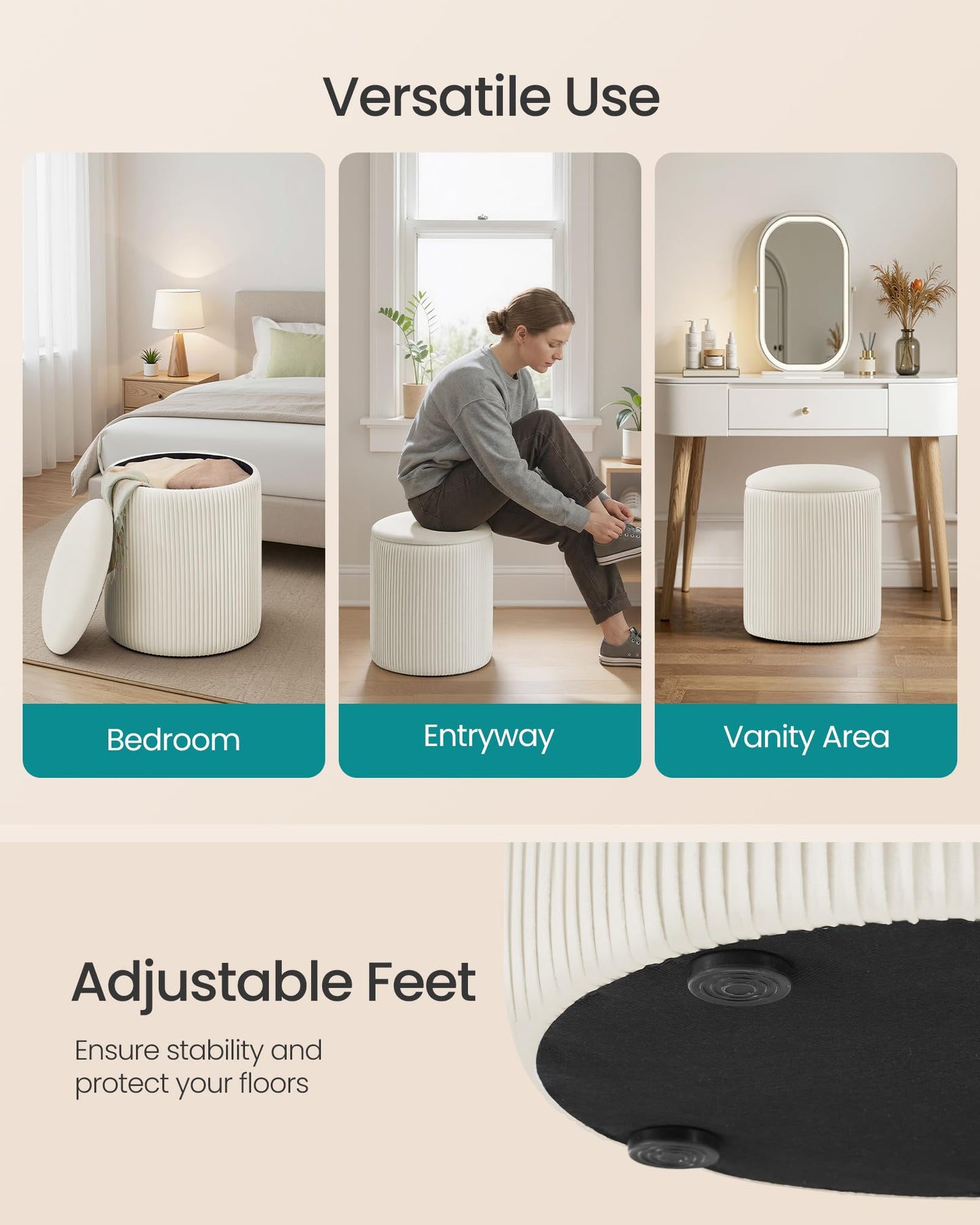 SONGMICS Vanity Stool, Set of 2, Round Storage Ottoman, Small Ottoman Coffee Table, Foot Stool, Removable Lid, for Living Room, Bedroom, Hallway, Easy Assembly, Velvet, Cream White ULOM017WD01