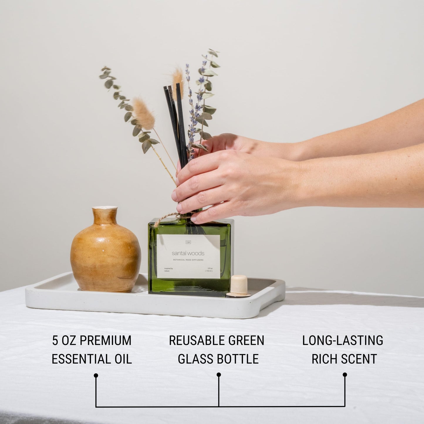 Craft & Kin Premium Santal Woods Reed Diffuser with Dried Flowers – 5 oz Essential Oil Diffuser for Home & Bathroom – Long-Lasting Fragrance Diffuser Sticks – Room Decor Air Freshener