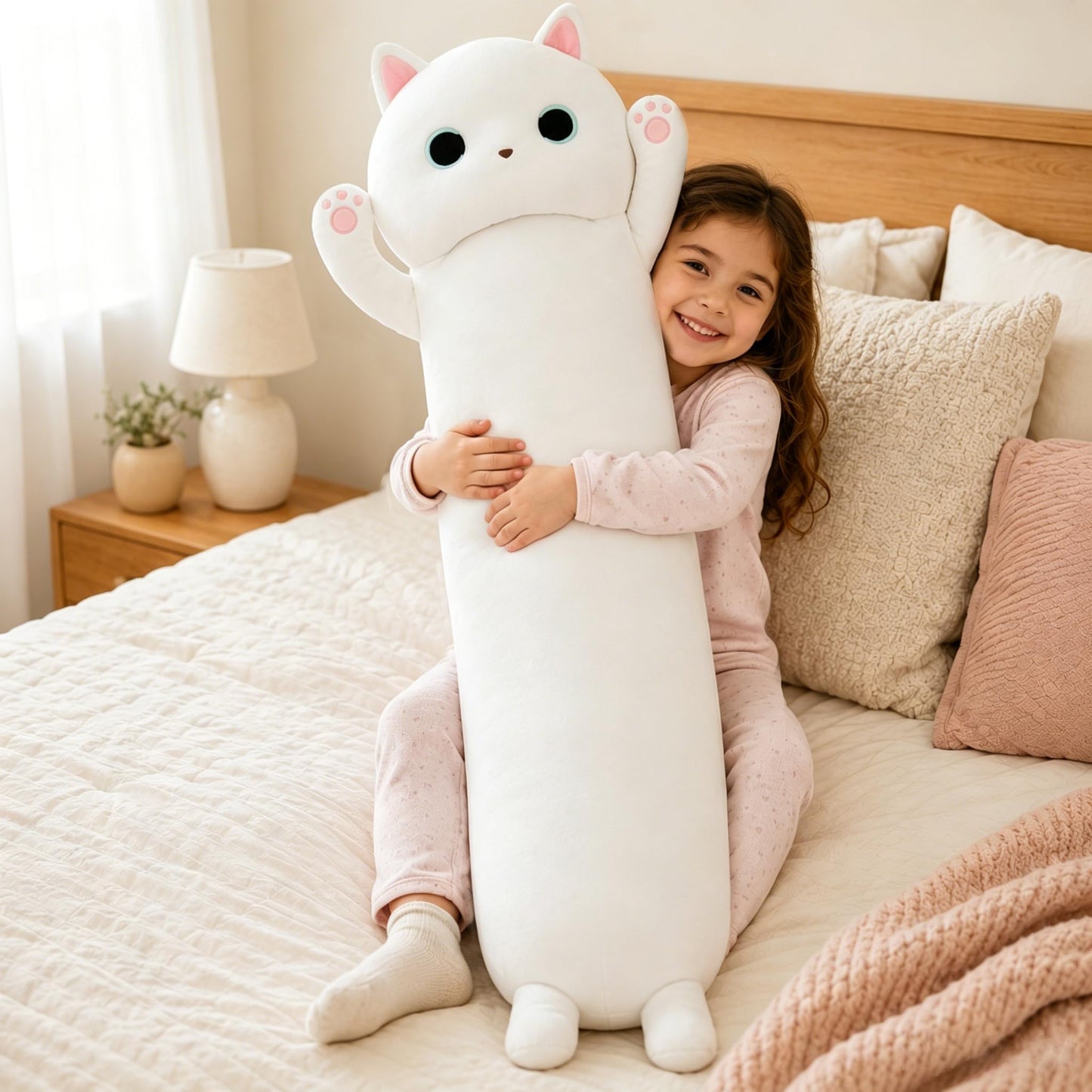 MaoGoLan 44'' Cat Plush Body Pillow, Giant Glow in The Dark Cat Stuffed Animal Pillow for Girl Boy Kid, Long Cute Kitty Plush Pillow for Birthday Gift, Baby Shower Party Decor, White