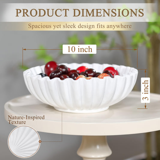 Aifeorzo 10 Inch Large Decorative Bowl, Fruit Bowl for Kitchen Counter, Resin Key Bowl for Entryway Table, Ruffle Decorative Bowl, Modern Purse Bowl for Home Decor, White