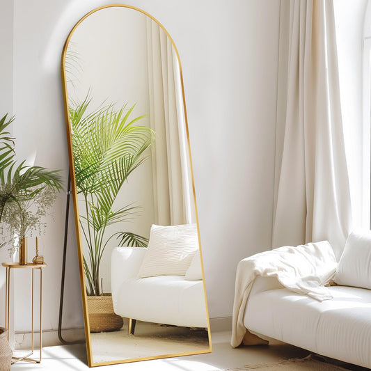 DUMOS Arched Full Length Mirror with Stand Floor Standing Aluminum Frame for Bedroom Body Hanging Leaning Modern Simple Home Decor Shatter-Proorf Nano Glass Wall Living Room Cloakroom Gold 59"x16"