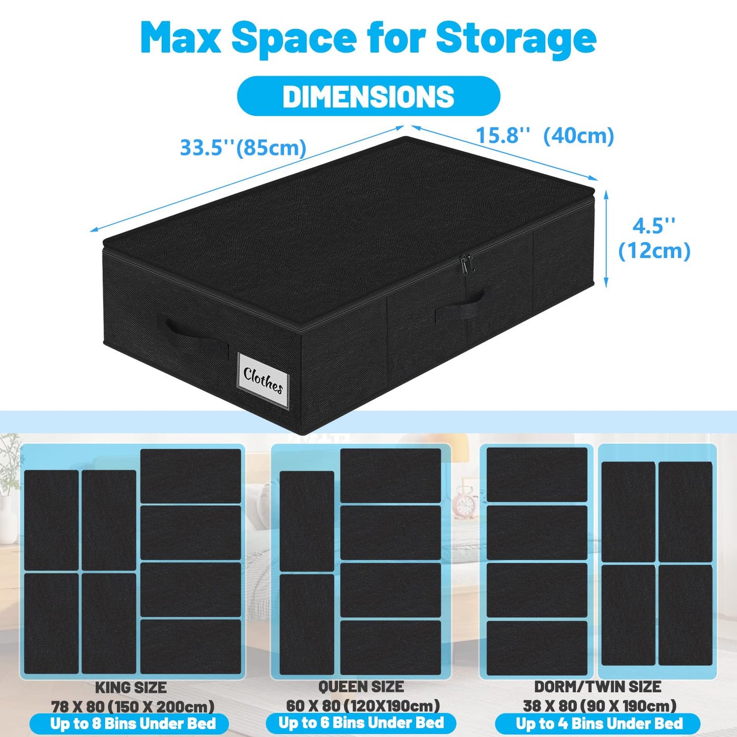 Under Bed Storage Container Bins 2 Pack, 4.5 Inch Slim Low Profile Underbed Clothes Storage Organizer for Dorm & Home, Use for Blanket and Toy Storage Box W/ Sturdy Bottom/Sides, Foldable Thick Fabric