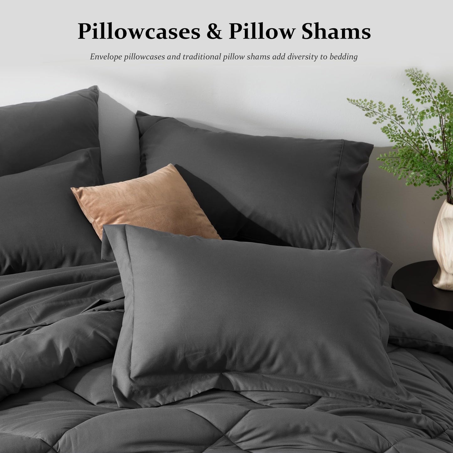 Newspin Queen Comforter Set Dark Grey - Bed in a Bag Queen Size 8 Pieces, All Season Bed Set, Fluffy Comforter Set with Sheets, Sheet Set Quilt Blanket, Pillowcases & Shams & Bed Skirt