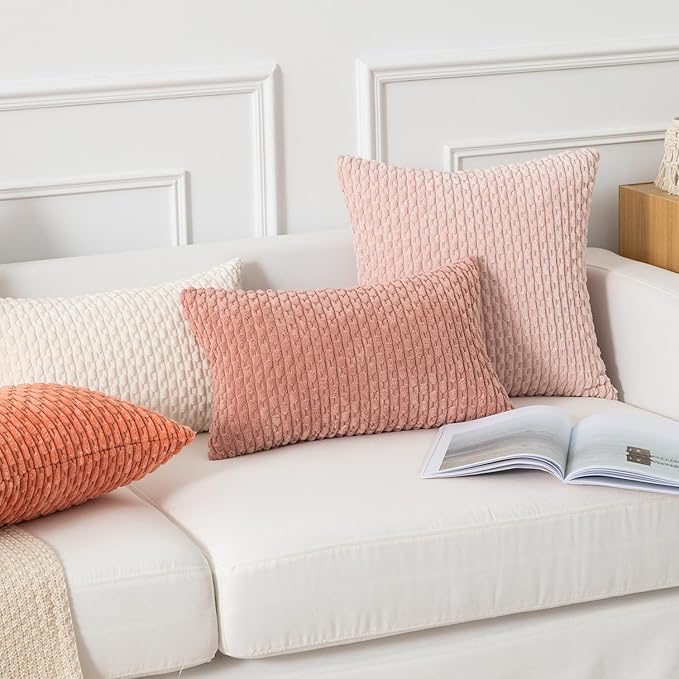 Kevin Textile Throw Pillow Covers Soft Corduroy Decorative Set of 2 Valentines Day Boho Striped Pillow Covers Pillowcases Farmhouse Home Decor for Couch Bed Sofa Living Room 20x20 Inch Baby Pink