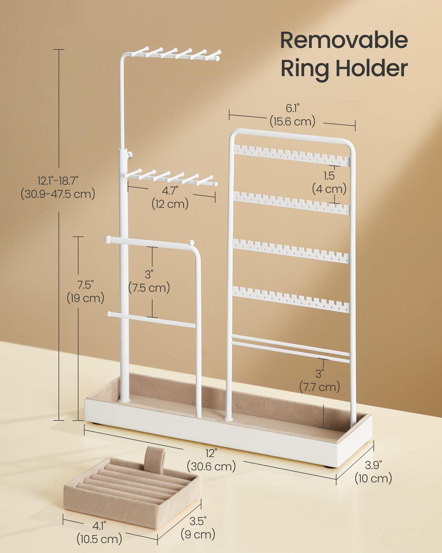 SONGMICS Jewelry Holder, Jewelry Storage Organizer Stand with Metal Frame, Velvet Tray, 12.1 to 18.7 Inches Tall Height Adjustable Necklace Holder, for Rings, Earrings, Matte White UJJS026W01