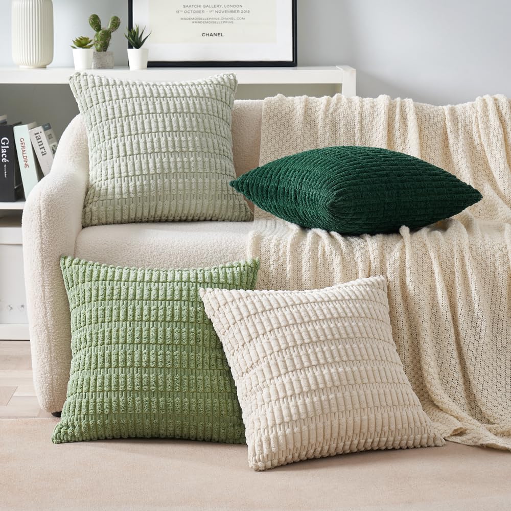 MIULEE Pack of 4 Summer Neutral Corduroy Decorative Throw Pillow Covers 18x18 Inch Farmhouse Boho Rustic Soft Striped Pillow Covers Home Decor for Sofa Living Room Couch Bed Green