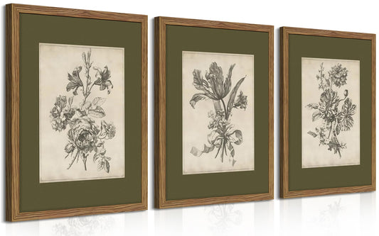 Vintage Floral Wall Art Set of 3, Sketch Sage Green Botanical Canvas Wall Decor Paintings, Retro Minimalist Flower Artwork Posters Prints Pictures for Living Room Bedroom Bathroom 12x16 Inch Framed