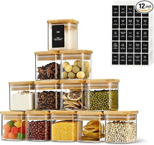 D2scrma 5oz Airtight Square Spice Containers with Bamboo Lid Set of 12 with Black Lables Storage Stackable Spice Jar, Kitchen Canister for Sugar, Tea, Flour, Salt and Seasonings (‎Clear Glass)