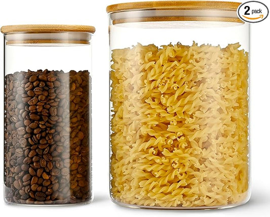 D2scrma 108oz 42oz Straight cylindrical Airtight Storage Jars with Bamboo Lid Set of 2 Large Storage Container Gallon Glass Jars, for Flour, Pasta and Coffee bean (with Black Lable)