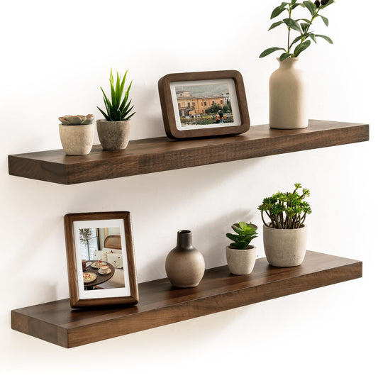 Acovy Floating Shelves, USA-Sourced Walnut Wood 30 Inch Wide x 6.7 Inch Deep Floating Shelves, Natural Wooden Shelves for Bedroom Living Room Home Office, Set of 2
