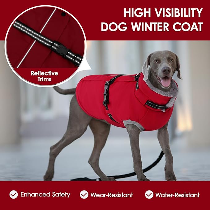 AOFITEE Dog Coat for Large Dogs, Warm XL Dog Jacket Winter, Pet Winter Coat with Harness Built in, Fleece Puffer Jacket Waterproof Reflective Snowsuit for Extra Large Dogs, Christmas Red XL