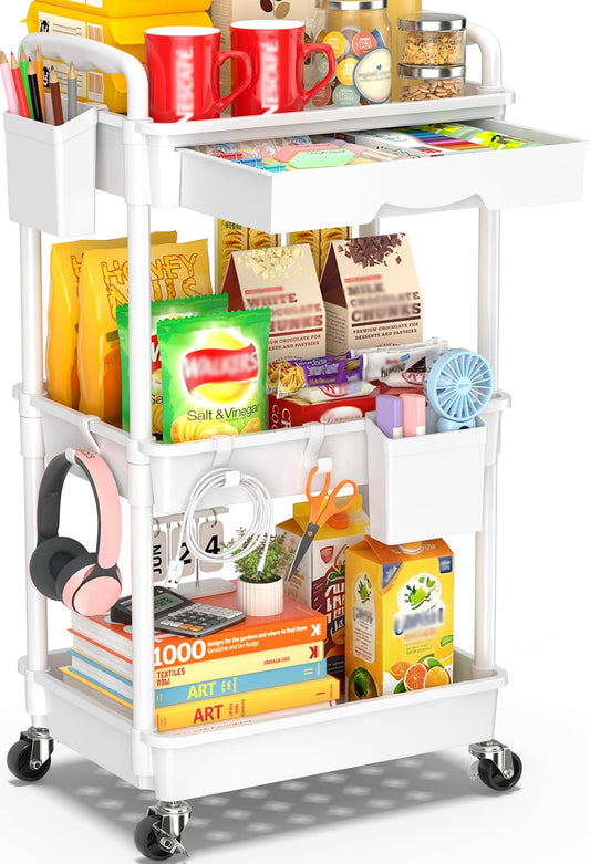 SUNALLY 3 Tier Rolling Cart with Drawer, Bathroom Storage Organizer with 2 Lockable Wheels, Multifunctional Rolling Storage Cart for Bathroom, Kitchen, Office, Craft, Makeup, Baby Essentials, White