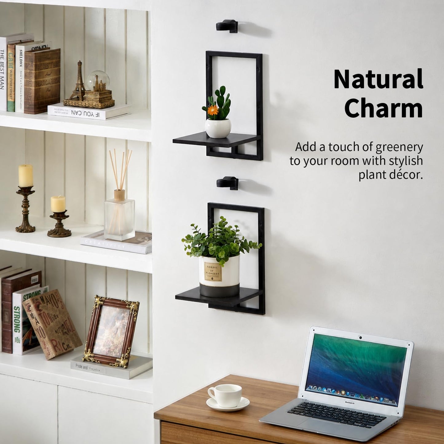 Orvado Wall Planters with Grow Lights, Set of 2 Indoor Hanging Shelves for Bedroom, Living Room, Bathroom, Kitchen, Entryway, Black (2, Black)