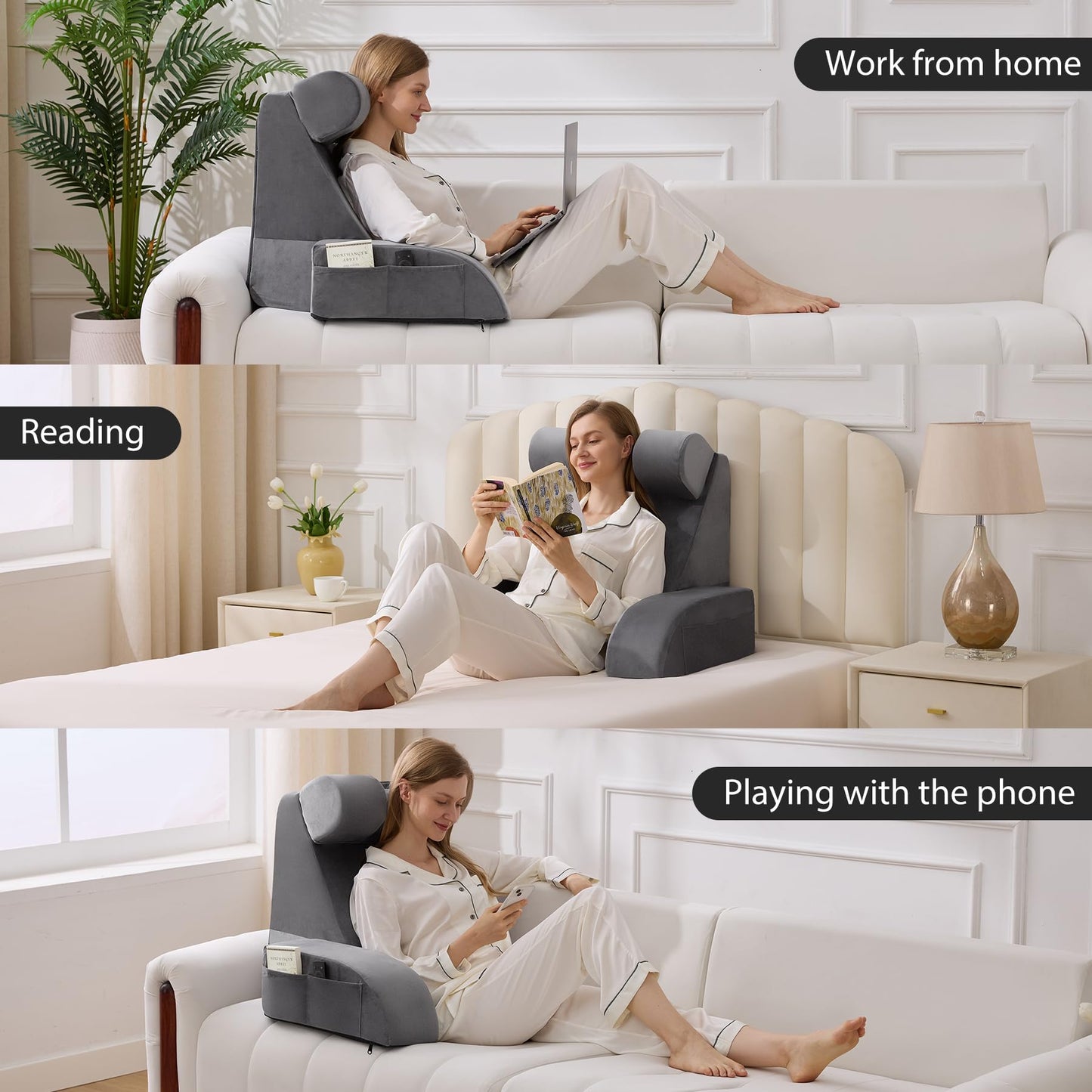 Velorose Reading Pillow for Sitting in Bed Adult, Back Pillow for Bed Sitting up, Backrest Pillow with Arms, Back Support Pillows for Gaming Lounging Watching TV, Large 21" Grey