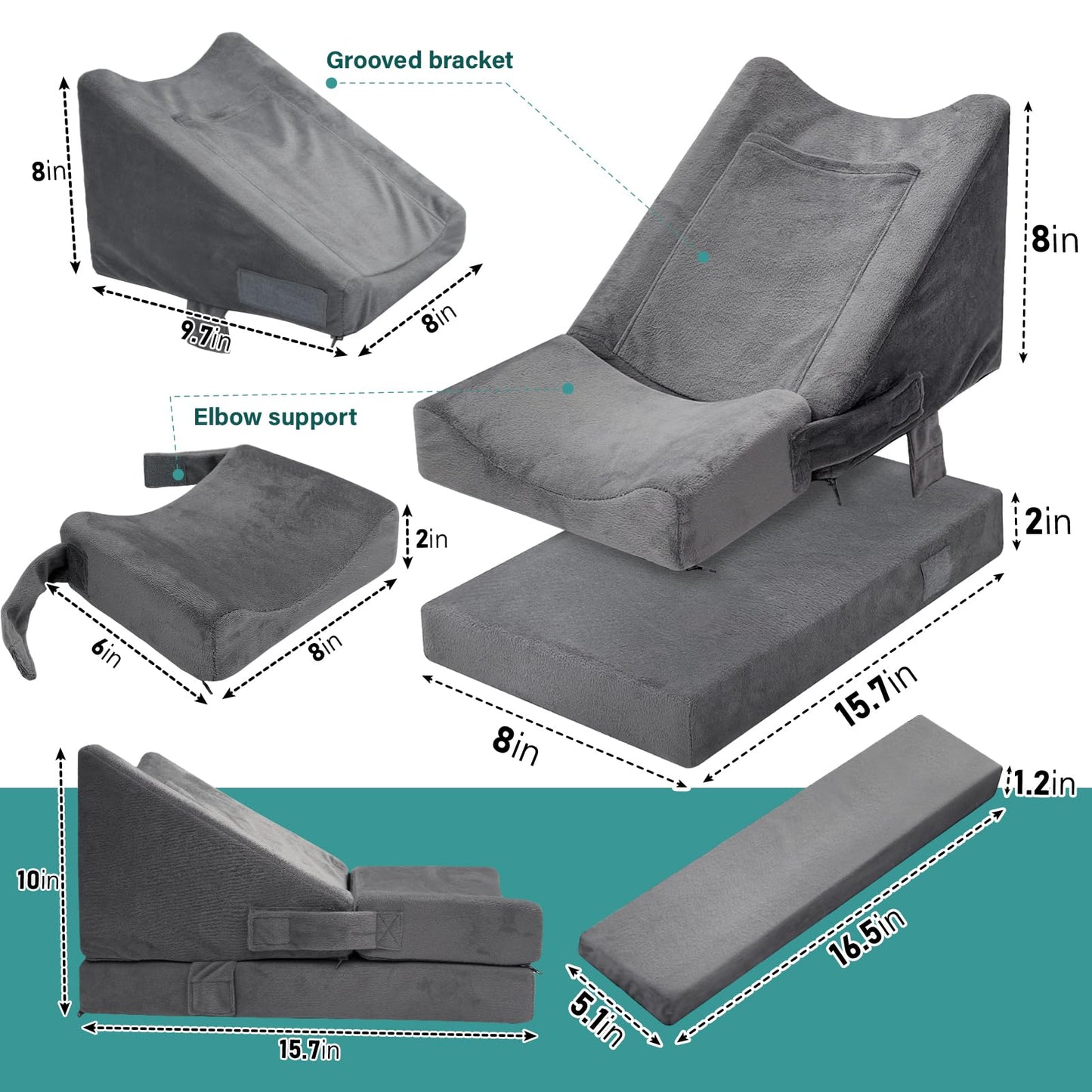 CRAURU Arm Wedge Pillow Adjustable Arm Elevation Pillow with Pocket High Density Foam Ergonomic Hand Elbow Support Pillows with Removable Cover, Grey