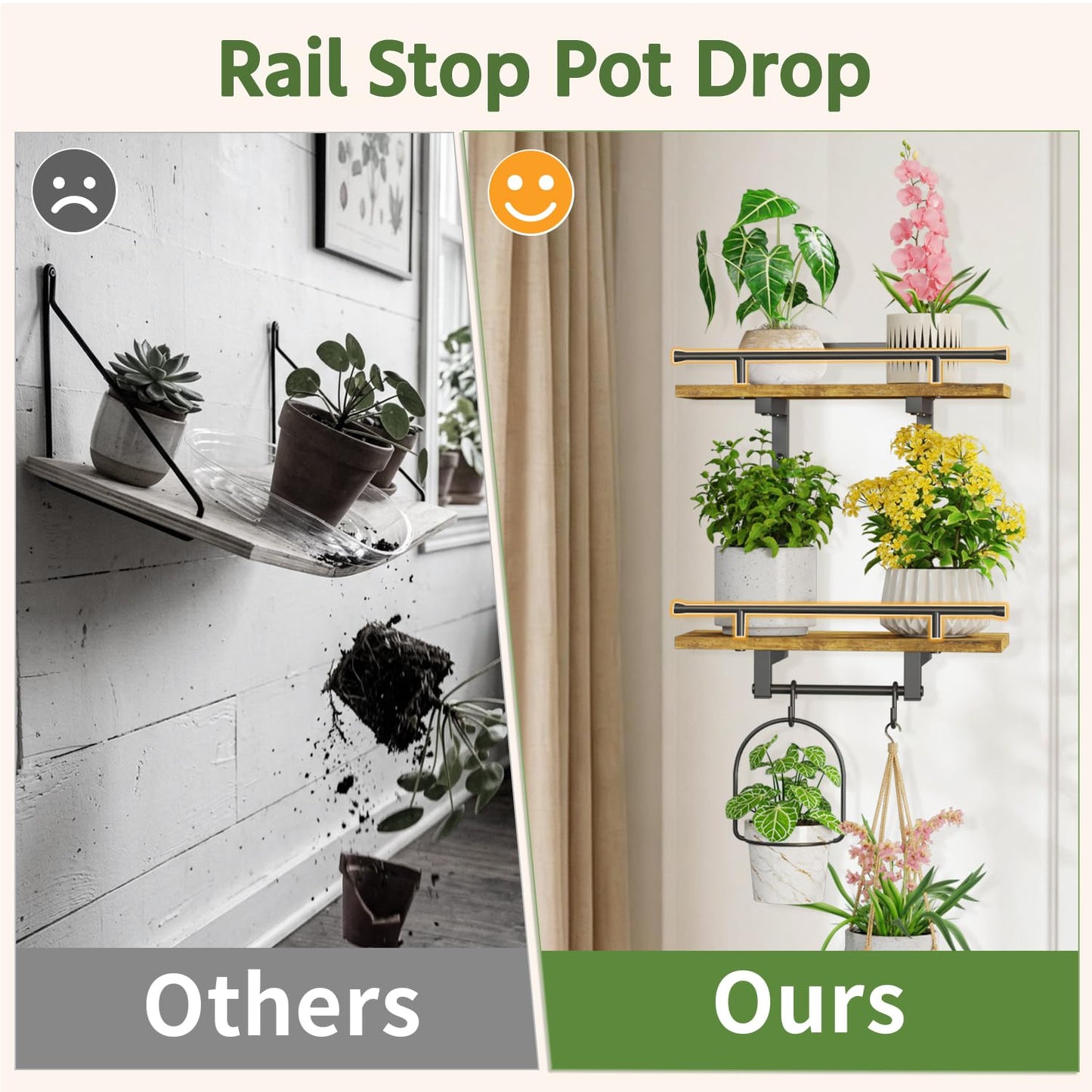 LASZOLA Floating Plant Shelves Holder Wall Mounted Indoor, 2 Pack Plant Hangers Stand with 4 Hooks, Metal and Wood Flower Hanging Display for Bedroom Living Room Kitchen Office Bathroom Decor, Brown