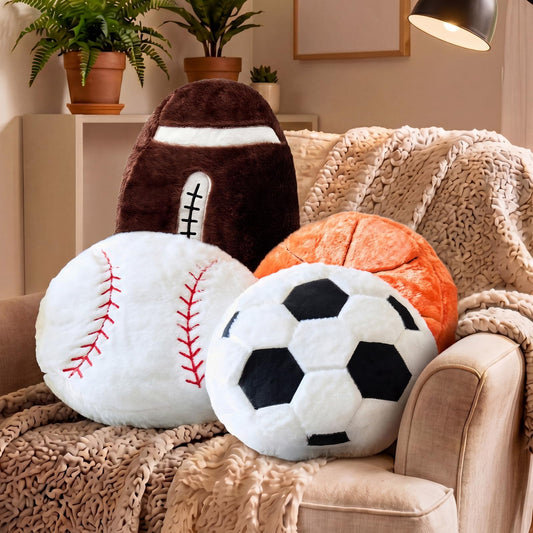 Juexica Sports Throw Pillows Fluffy Stuffed Soccer Basketball Baseball Pillow Plush Toy Sport Cushion for Room Decor Birthday Present(Medium,Assorted Color,4)