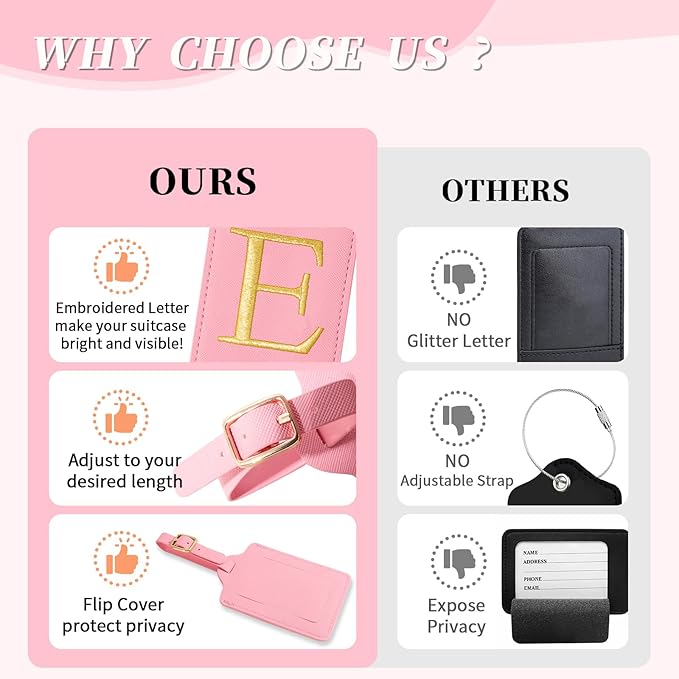 Personalized Initial Luggage Tags for Suitcase, Pink Leather Cute Luggage Tags with Privacy Cover Name Card, Embroidered Custom Monogrammed Luggage Tag Travel Bag Baggage Tags Gifts for Women Kids(E)