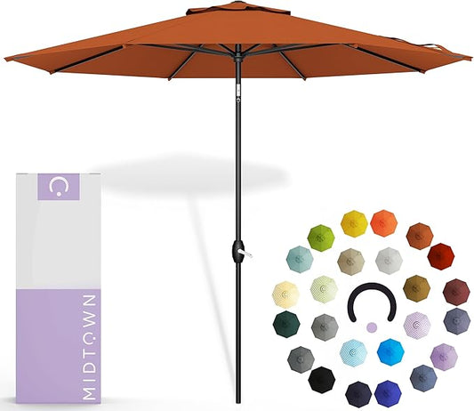 Midtown Umbrellas 10-Year-No-Fade - 9 Ft - UV Proof Dark Orange Polyester Fabric - Umbrella Outdoor Patio, Auto-Tilt Aluminum Frame Patio Umbrella for Garden, Pool & Deck - Black Pole