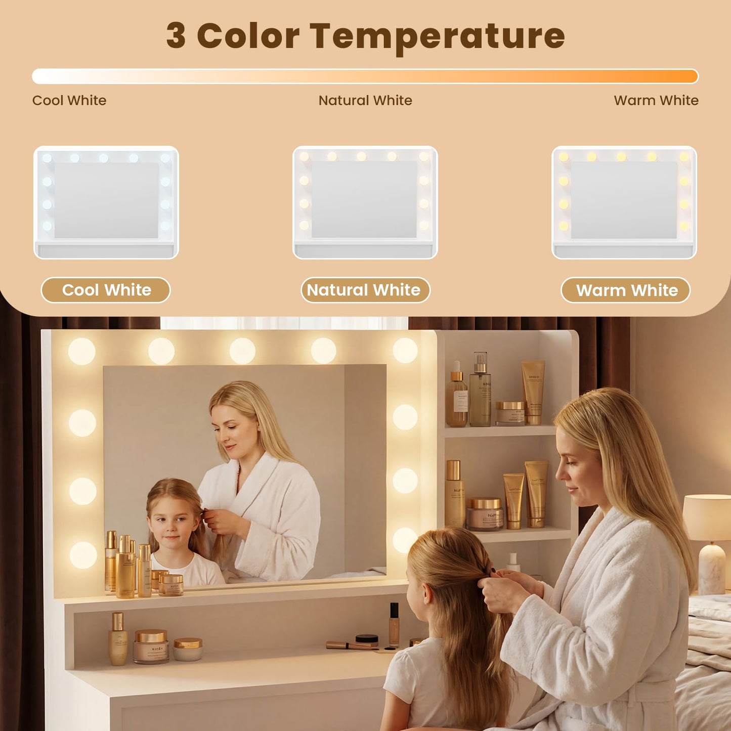 ALAULM Makeup Vanity with Storage Stool, Vanity Desk with Furniture Shelves and 1 Cabinet, 3 Lighting Modes with Adjustable Brightness, Vanity with Backplane Cable Hole for Bedroom, White