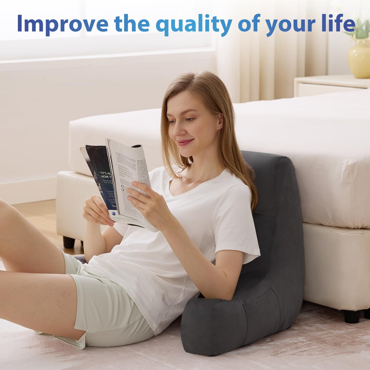 IPYNBAP Back Pillow for Bed Sitting up, Reading Pillow for Sitting in Bed Adult, Back Support Pillow, Memory Foam Sit up Lounge Backrest Pillow with Arms for TV, Couch, Chair, Dorm, 18 Inch, Grey