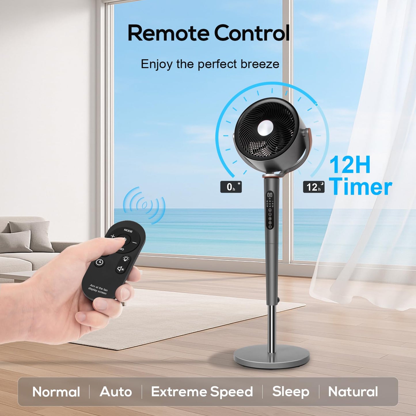 hykolity Large Fan for Bedroom, 120° Oscillating Standing Fan, 85ft Air Circulator With Remote, DC Motor Quiet Floor Fans, 90° Manual Vertical, 12 Speeds, 5 Modes, 12H Timer