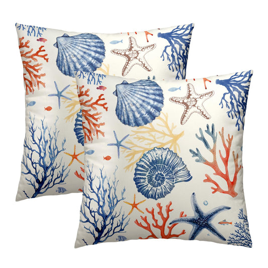 Mweet Nautical Coastal Throw Pillow Covers 18x18 Set of 2, Summer Ocean Beach Coral Decorative Pillow Cases Cotton Cushion Cover for Home Sofa Couch Wedding Anniversary Decor