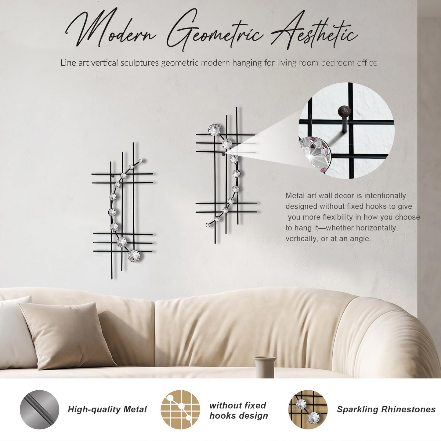 ZEXUIRU 2 Pcs Abstract Metal Art for Wall Decor Living Room Bedroom Bathroom Office Metal Bling Modern Geometric Hanging Vertical Small Iron Sculpture Plaque Pack -Black 15.7in