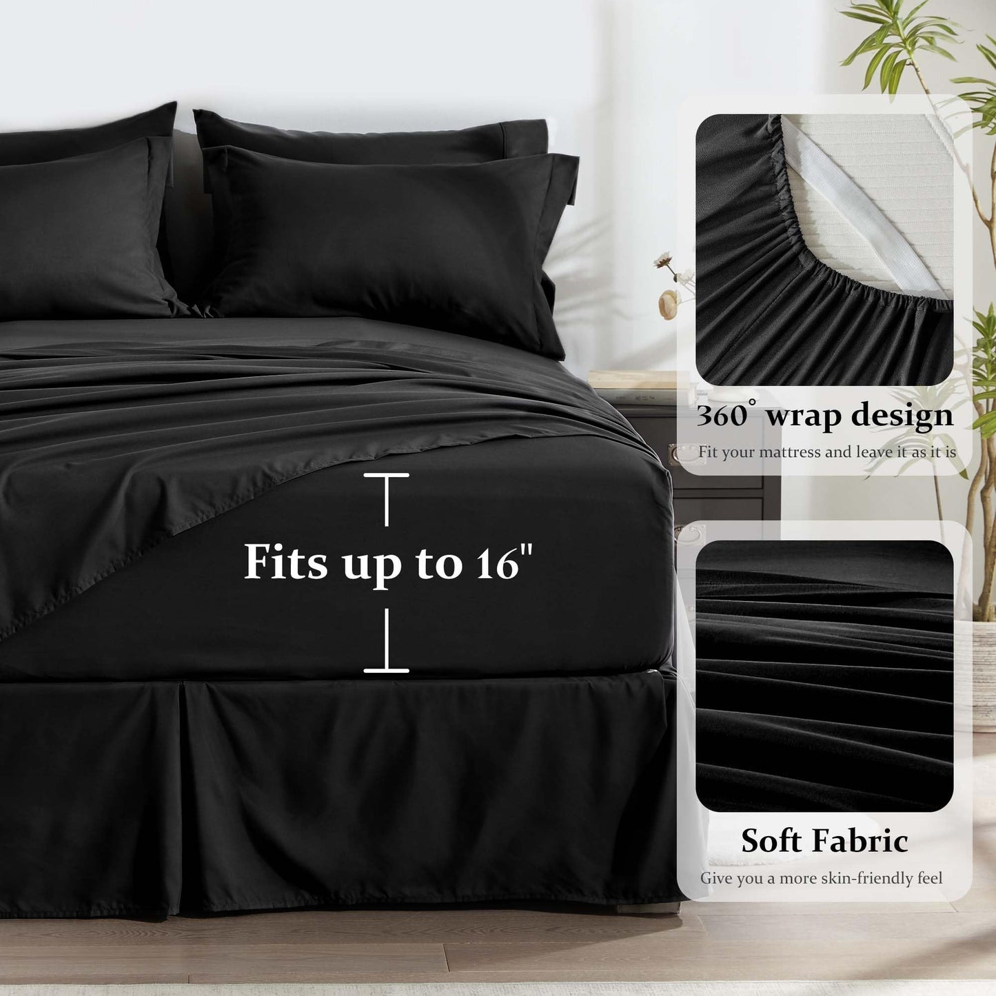 Newspin Full Comforter Set Black - Bed in a Bag Full Size 8 Pieces, All Season Bed Set, Fluffy Comforter Set with Sheets, Sheet Set Quilt Blanket, Pillowcases & Shams & Bed Skirt