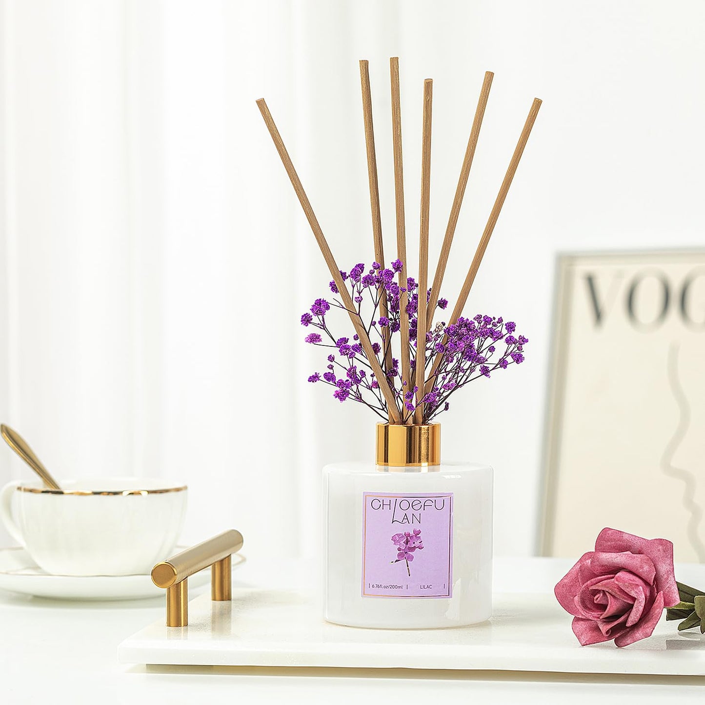 Chloefu Lan Lilac Diffuser, 6.7 oz Natural Essential Scented Oil with Diffuser Sticks, Best for Bathroom Decor, Living Room Decor, Home & Office Decor, Aromatherapy Diffuser Oil Gift Set